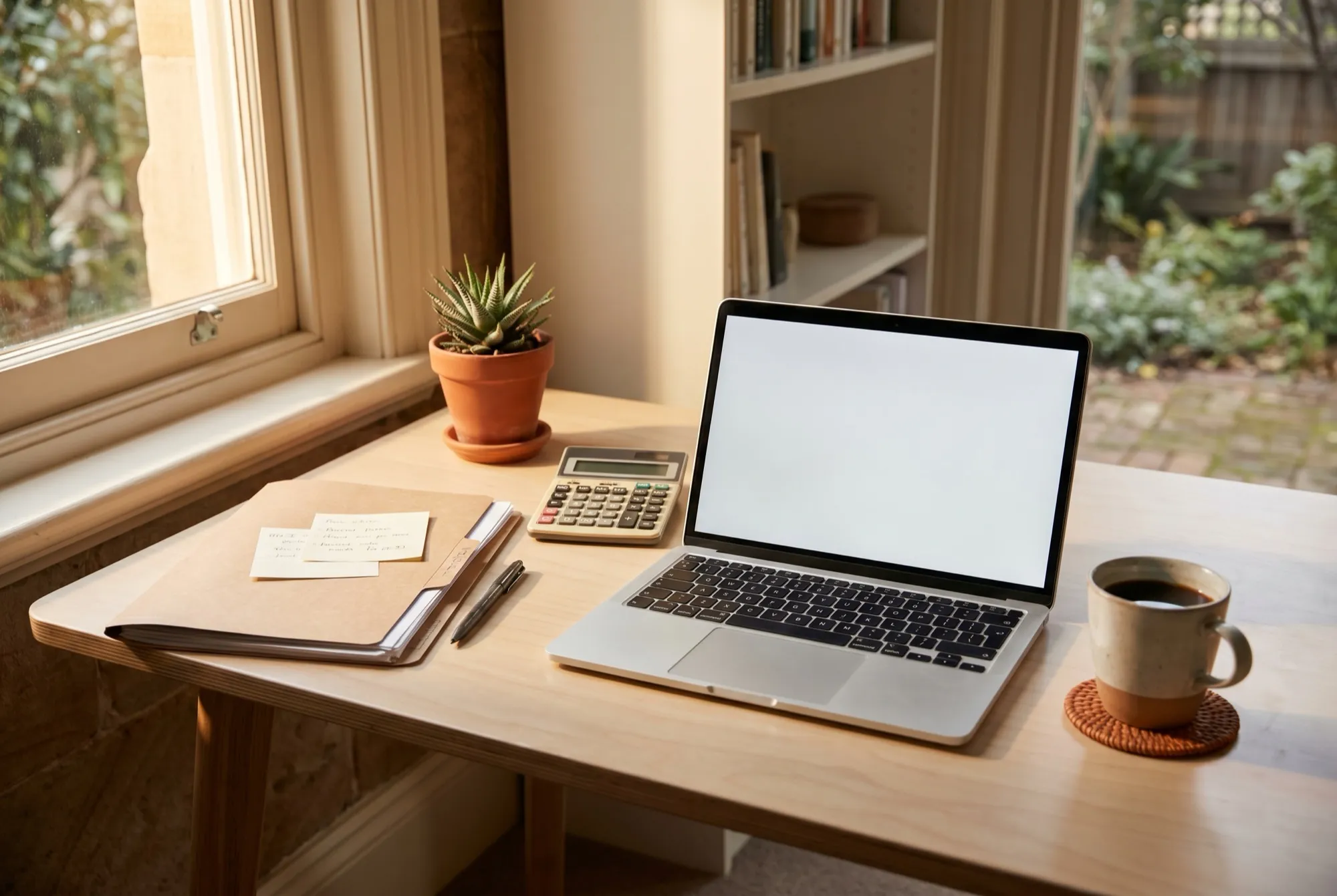 A desk with a laptop, calculator, coffee and a folder of papers