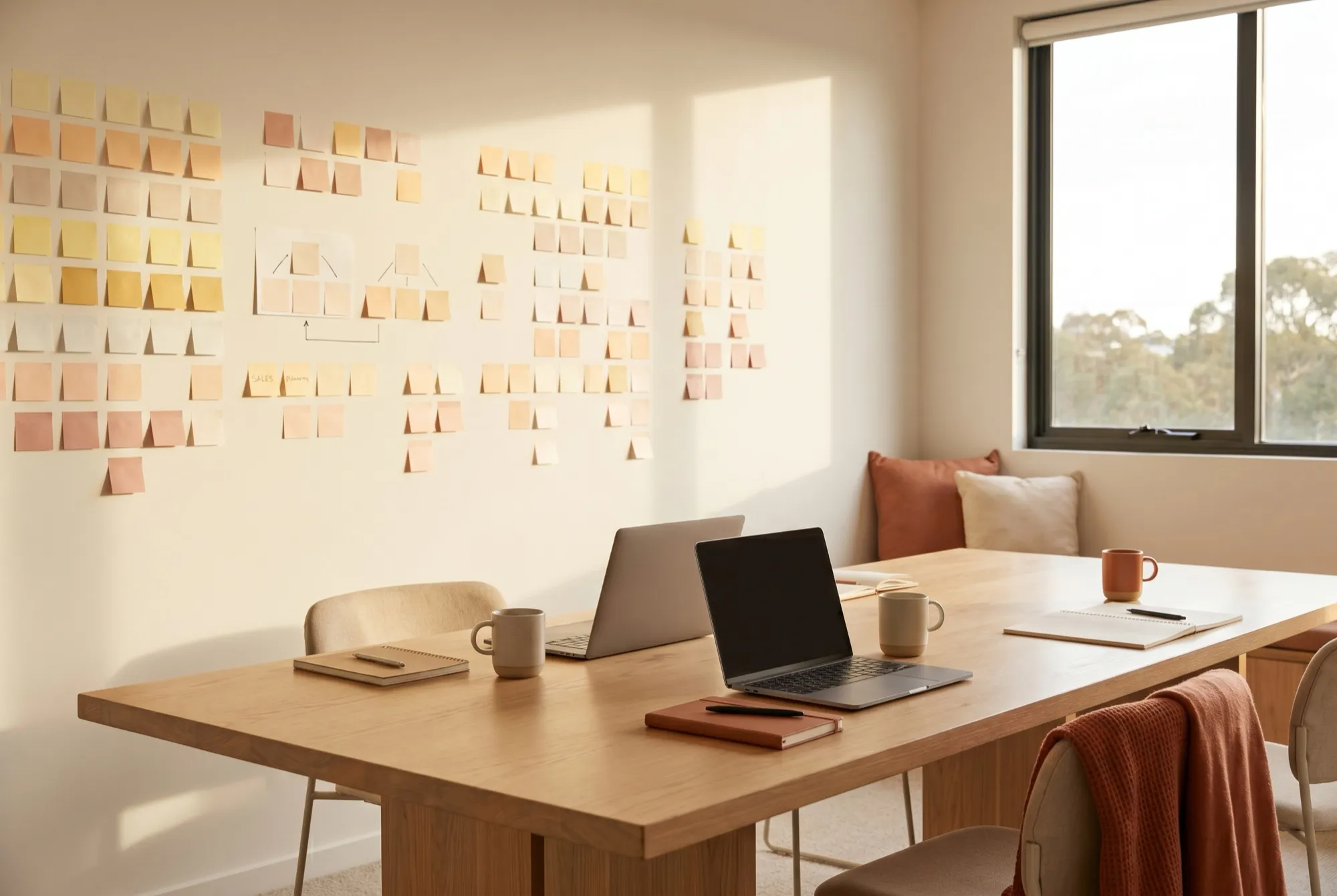 A modern meeting room with laptops and a wall of sticky notes