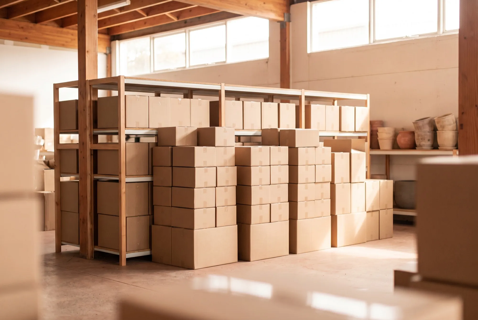 Tidy warehouse shelving stacked with neatly organised boxes