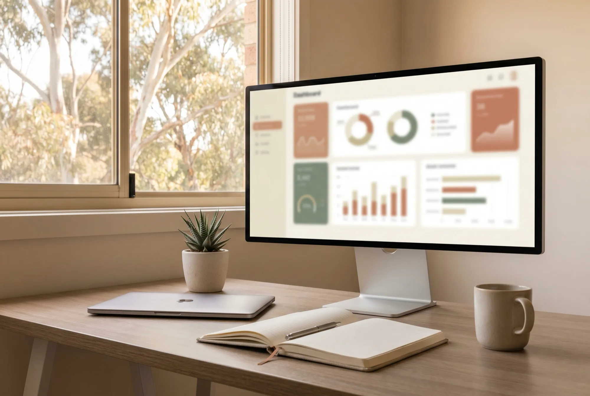 A modern office desk with a laptop and a monitor showing a dashboard, by a window