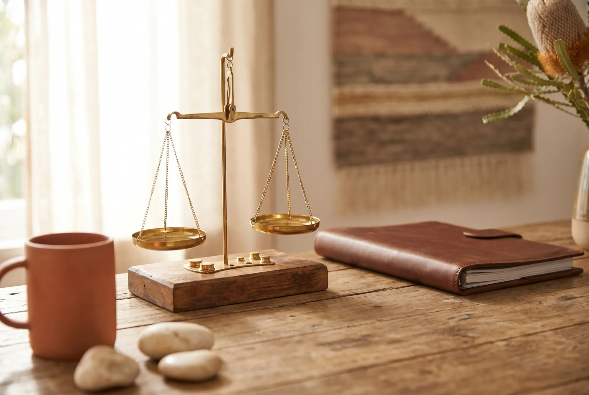 Brass balance scales on a warm timber desk beside a leather folder