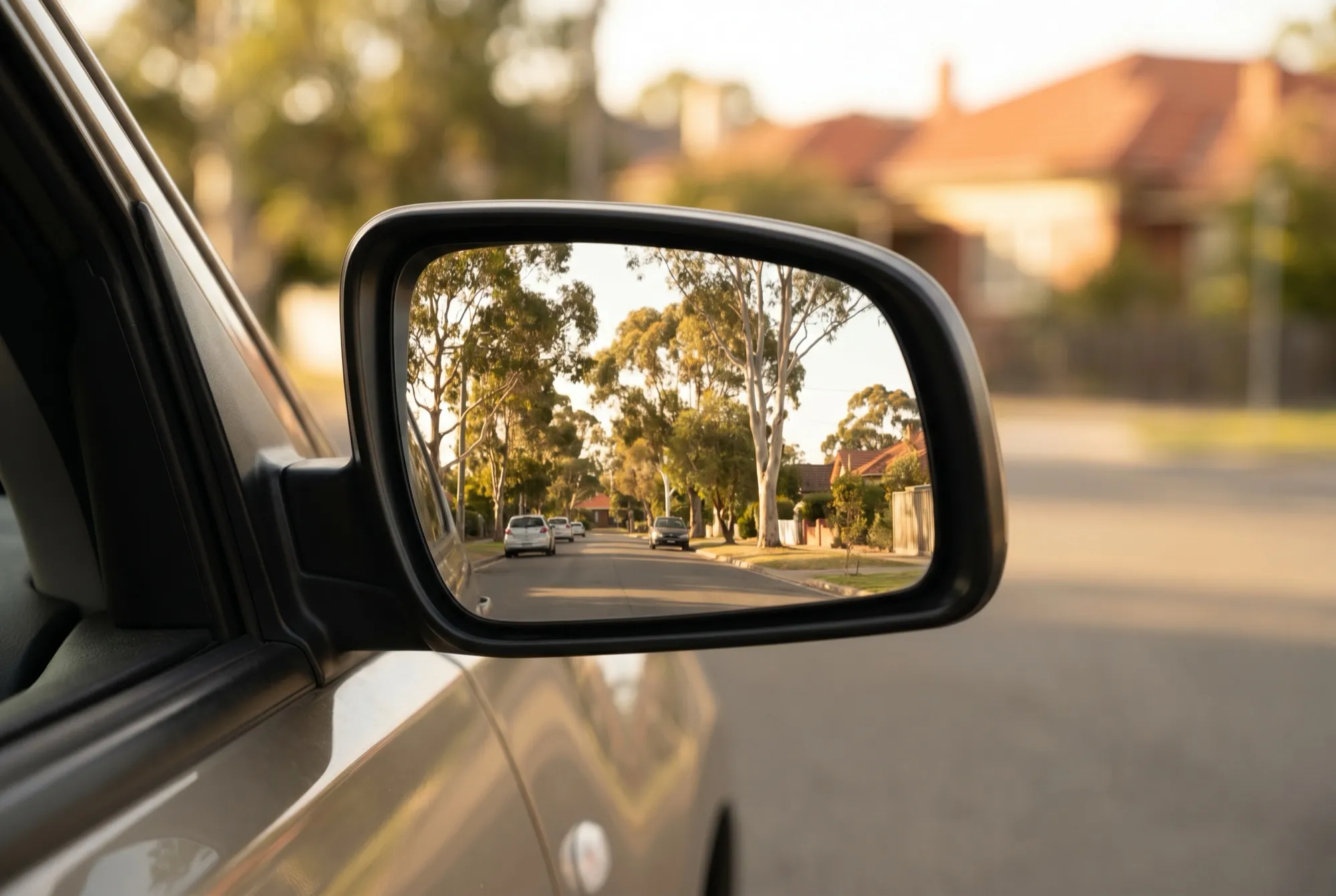 A car side mirror reflecting a quiet suburban Australian street