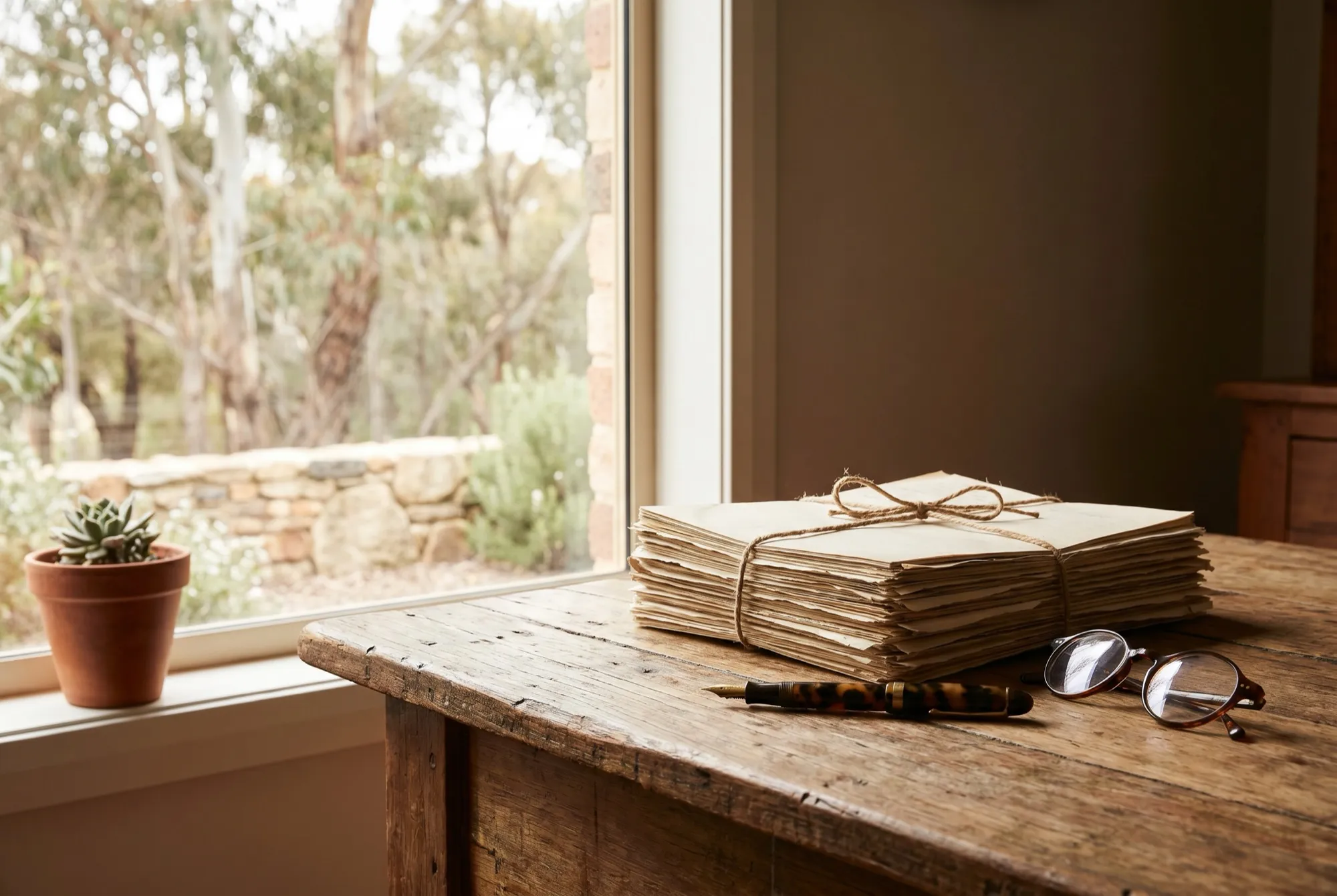 A stack of documents, a pen and reading glasses on a timber desk