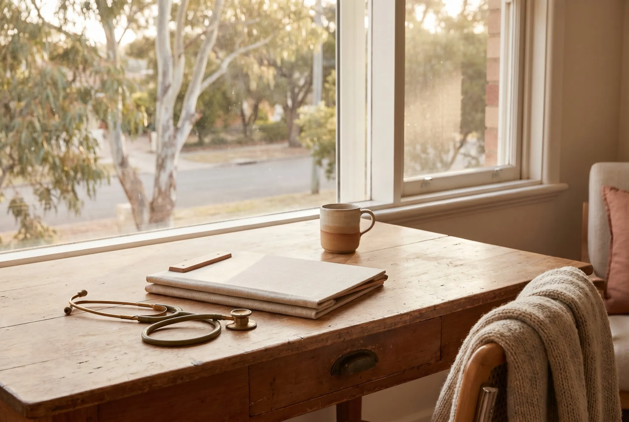 A stethoscope and a clipboard on a calm desk by a window