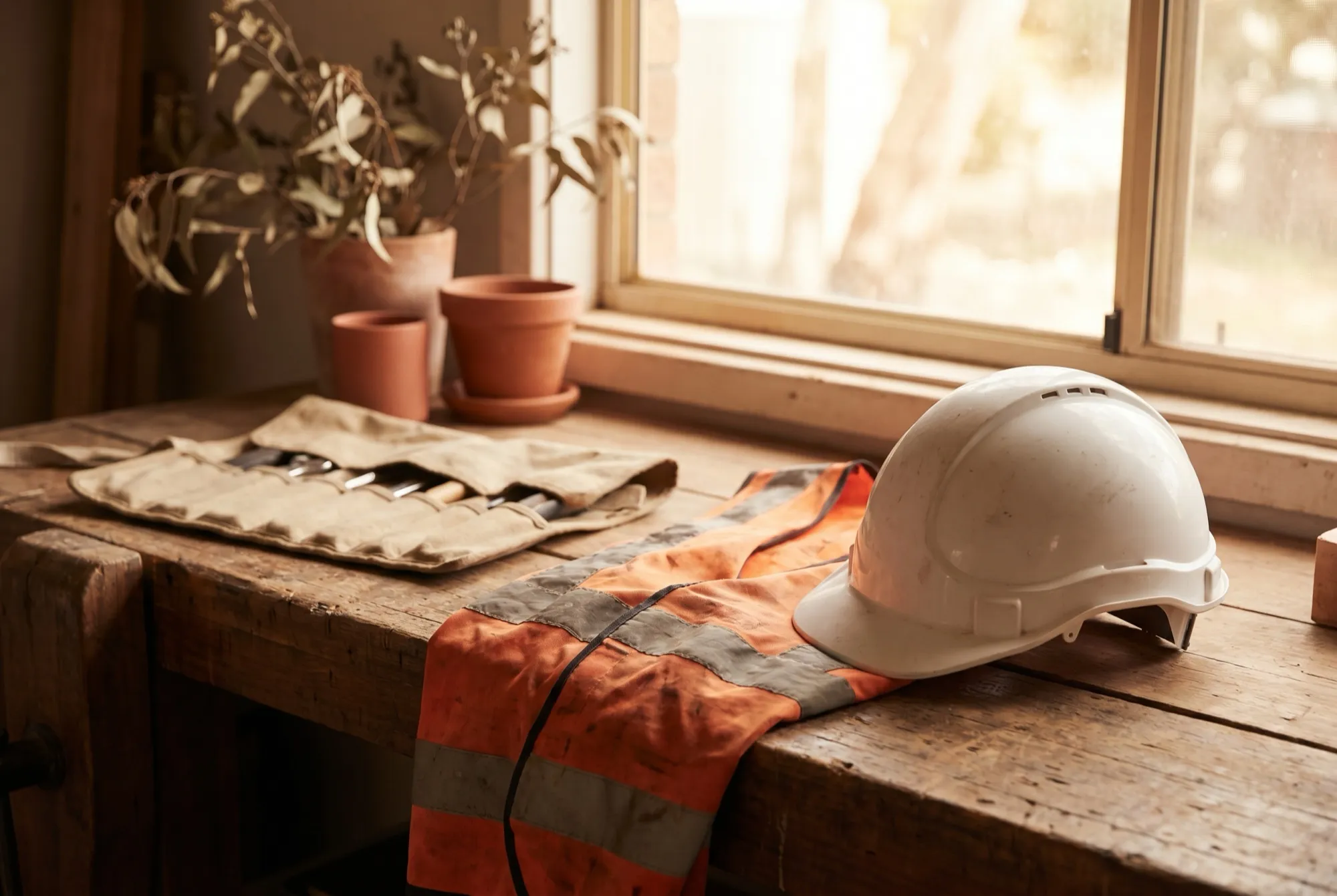 A hi-vis vest and hard hat resting on a workbench