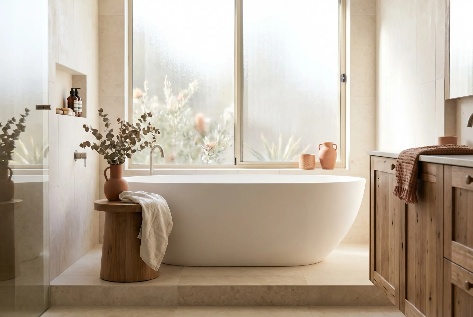 A freshly renovated modern Australian bathroom with stone and timber finishes