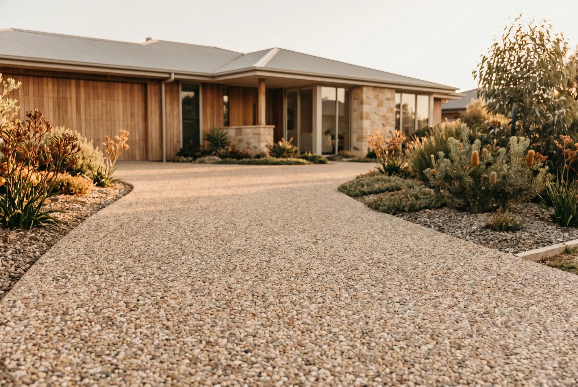 A new concrete driveway leading to a modern Australian home