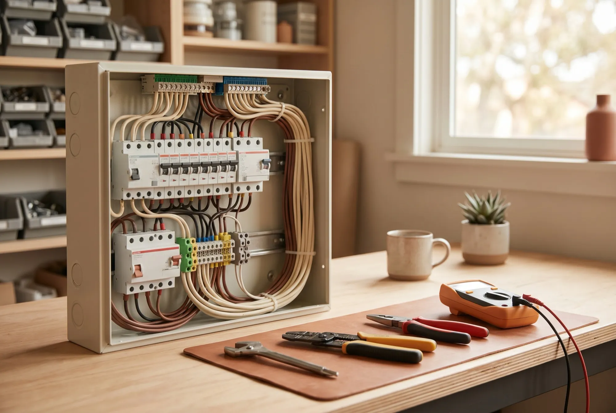 An open residential switchboard and electrical tools on a workbench