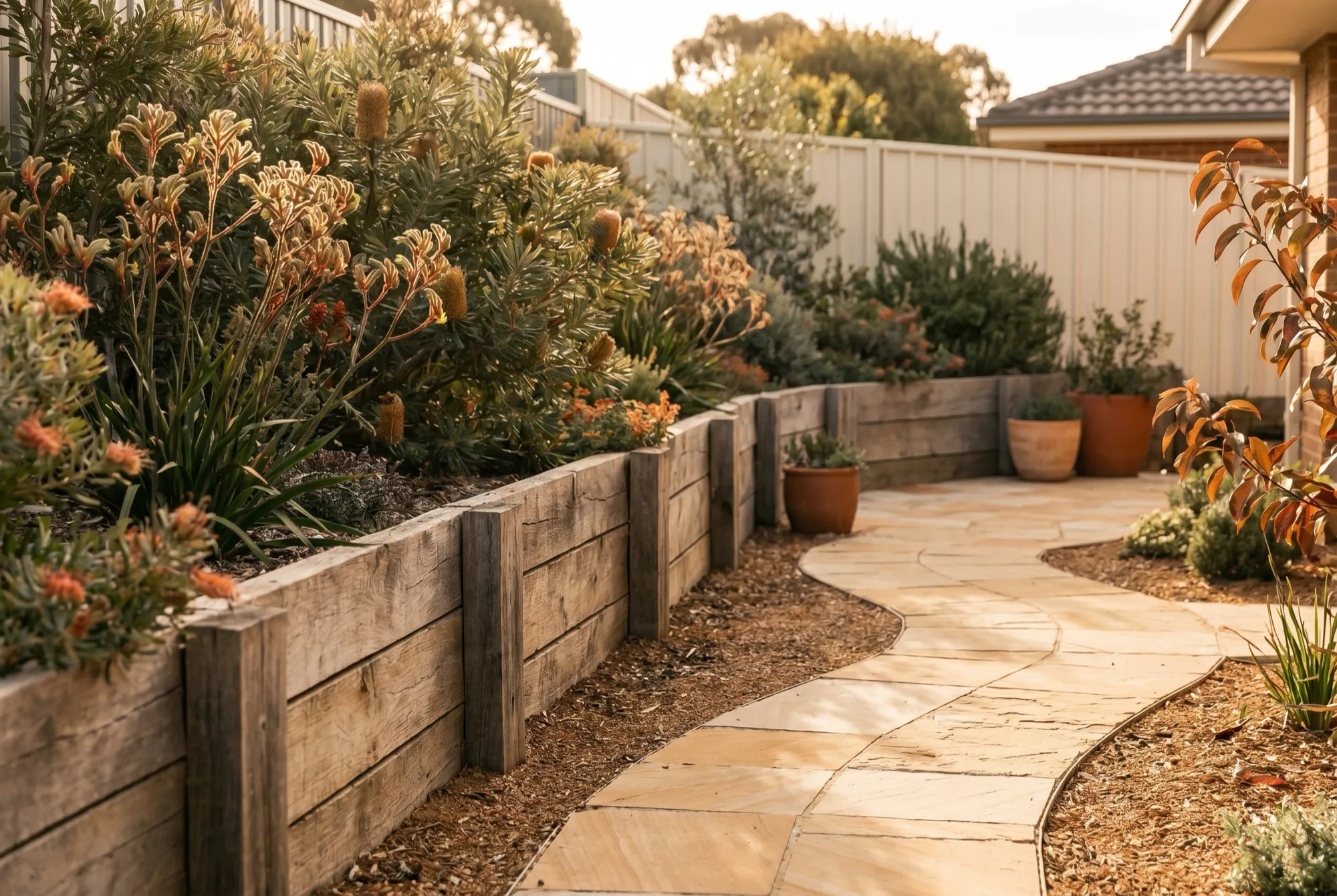 A landscaped Australian backyard with a timber retaining wall and native plants