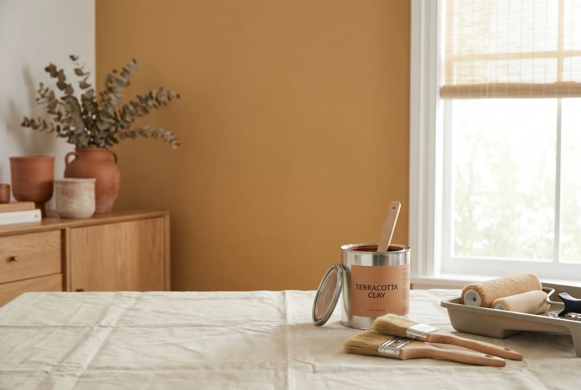 Paint rollers and brushes beside a freshly painted feature wall