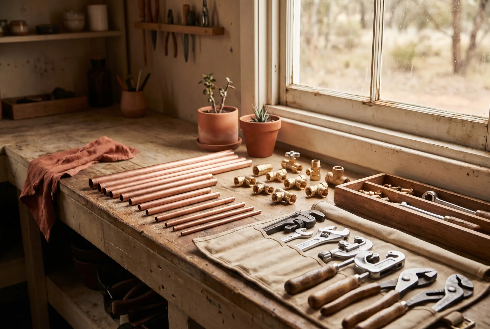 Copper pipes and plumbing tools arranged on a workbench