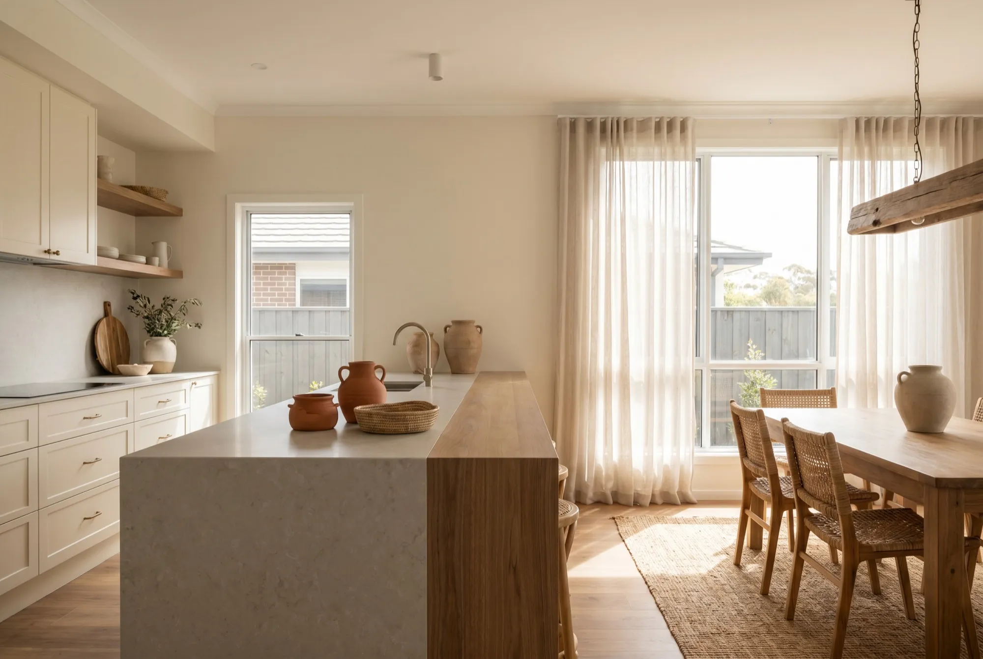 A bright, freshly renovated Australian kitchen with stone benchtops and warm light