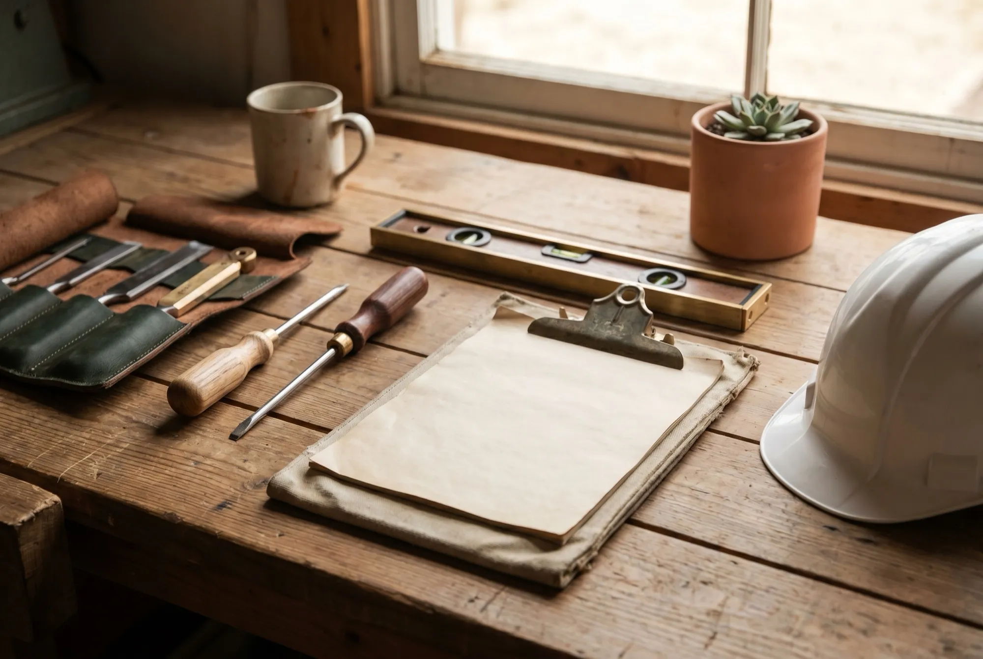 Quality hand tools, a clipboard and a hard hat on a timber workbench