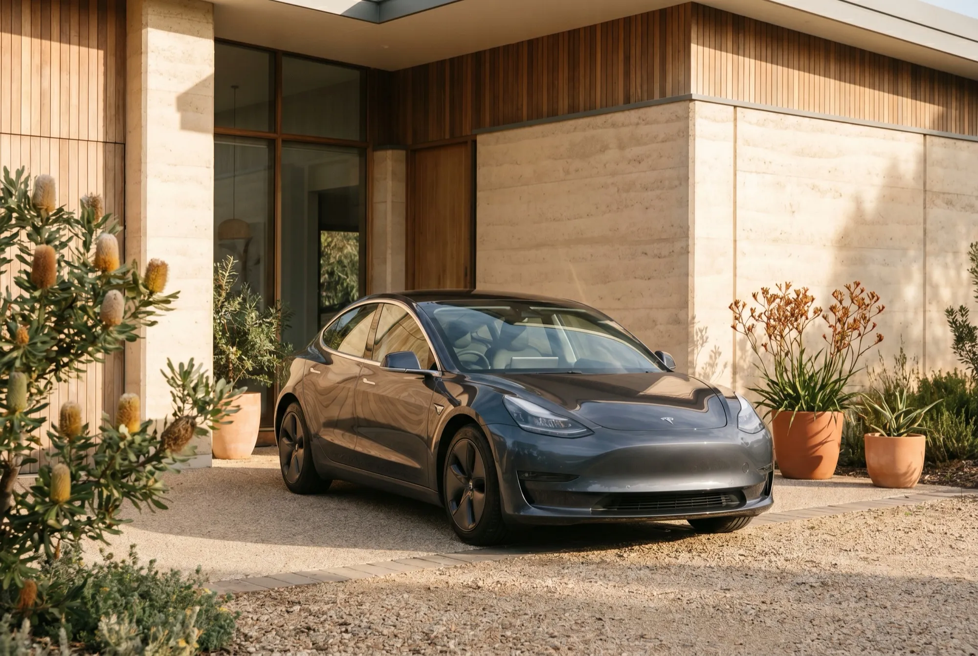 A modern car parked in the driveway of an Australian home