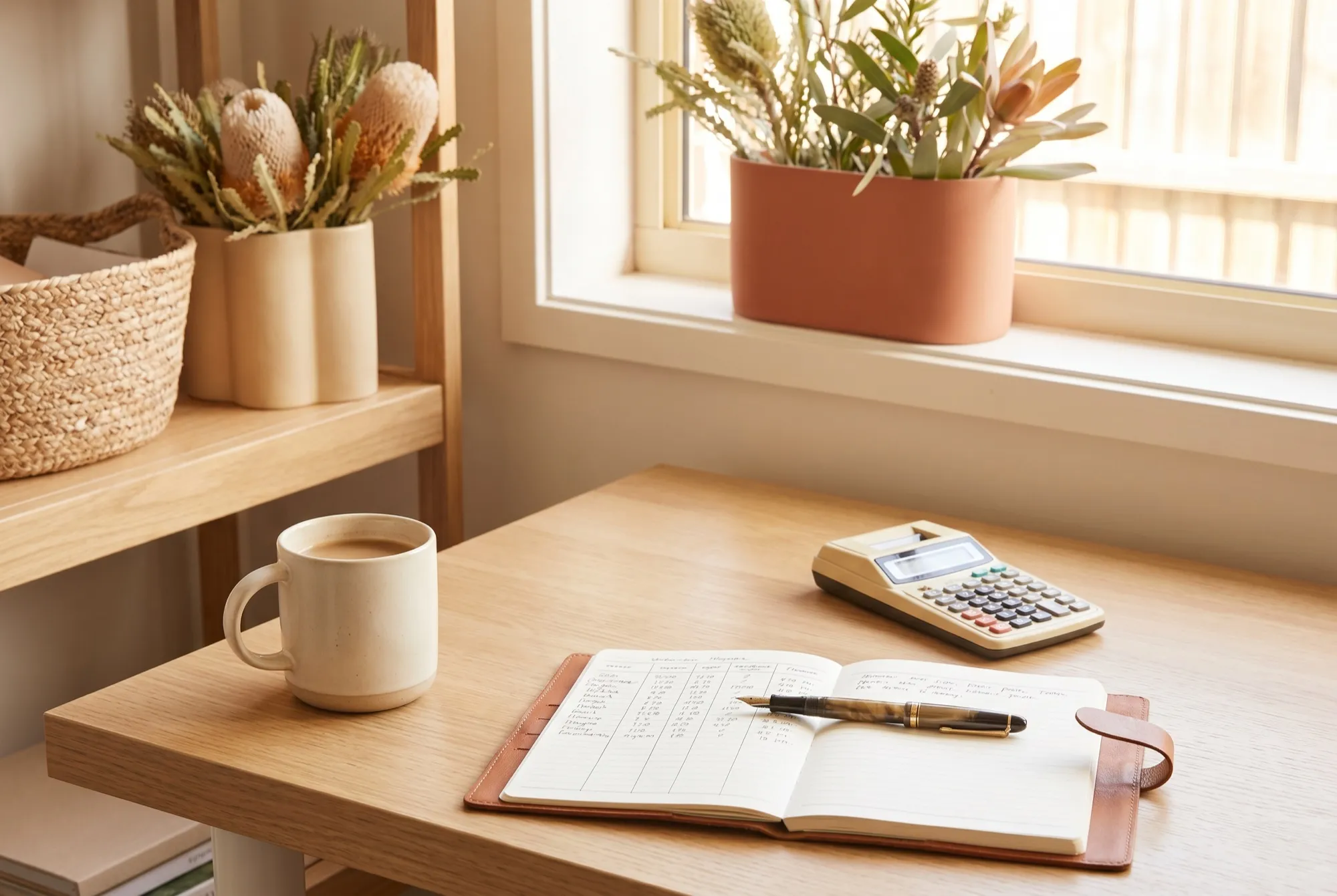 A home desk with a notebook, calculator and coffee