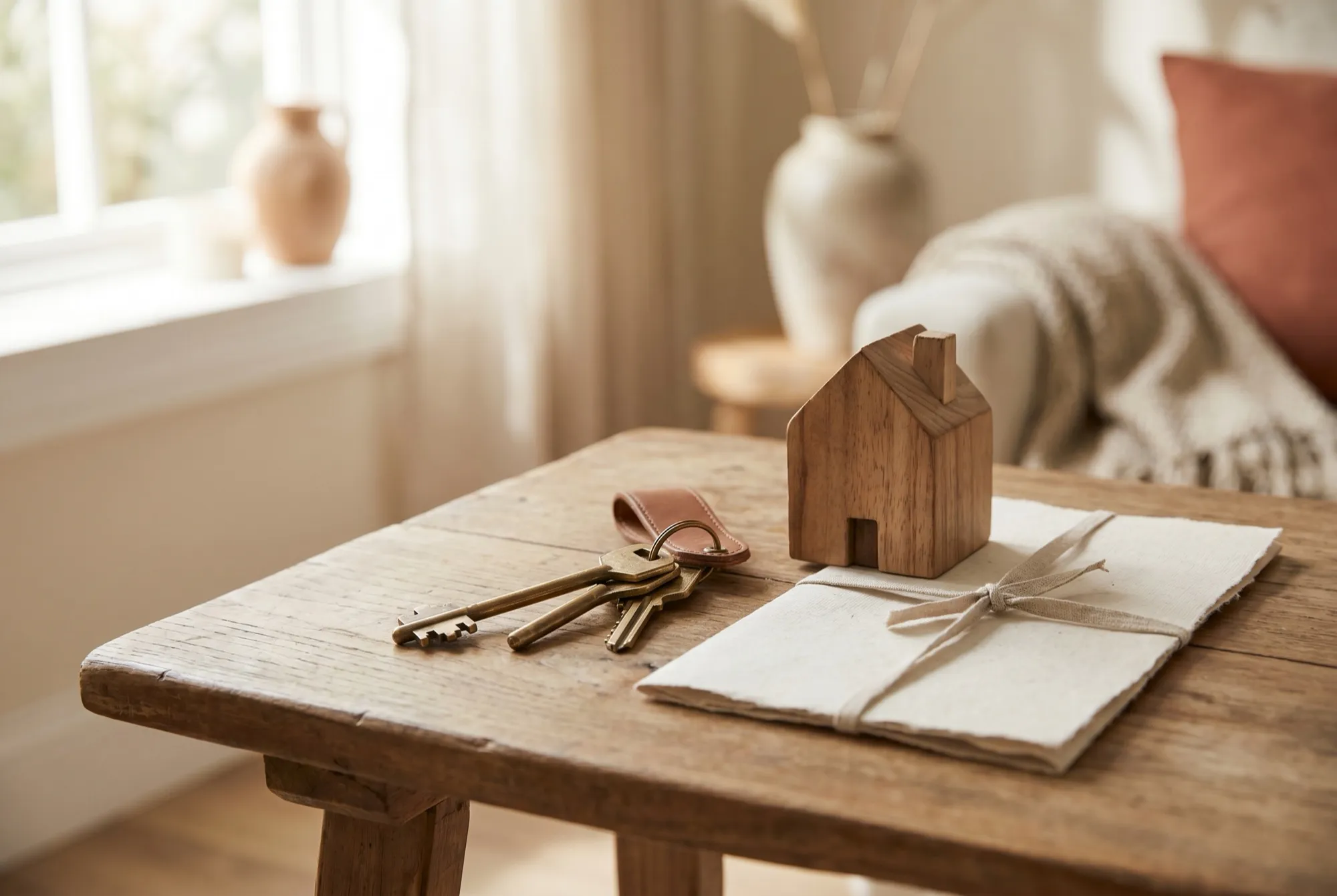 House keys and a small wooden model house on a warm timber table