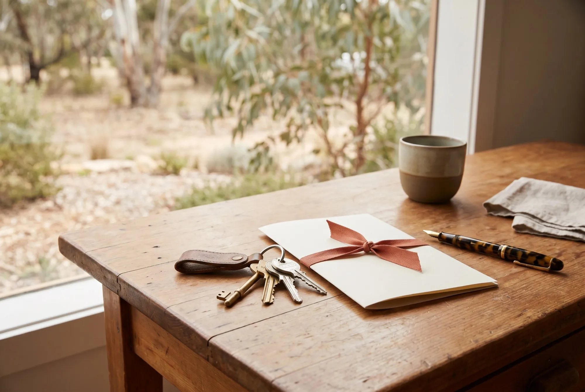 House keys, a contract folder and a pen on a timber desk