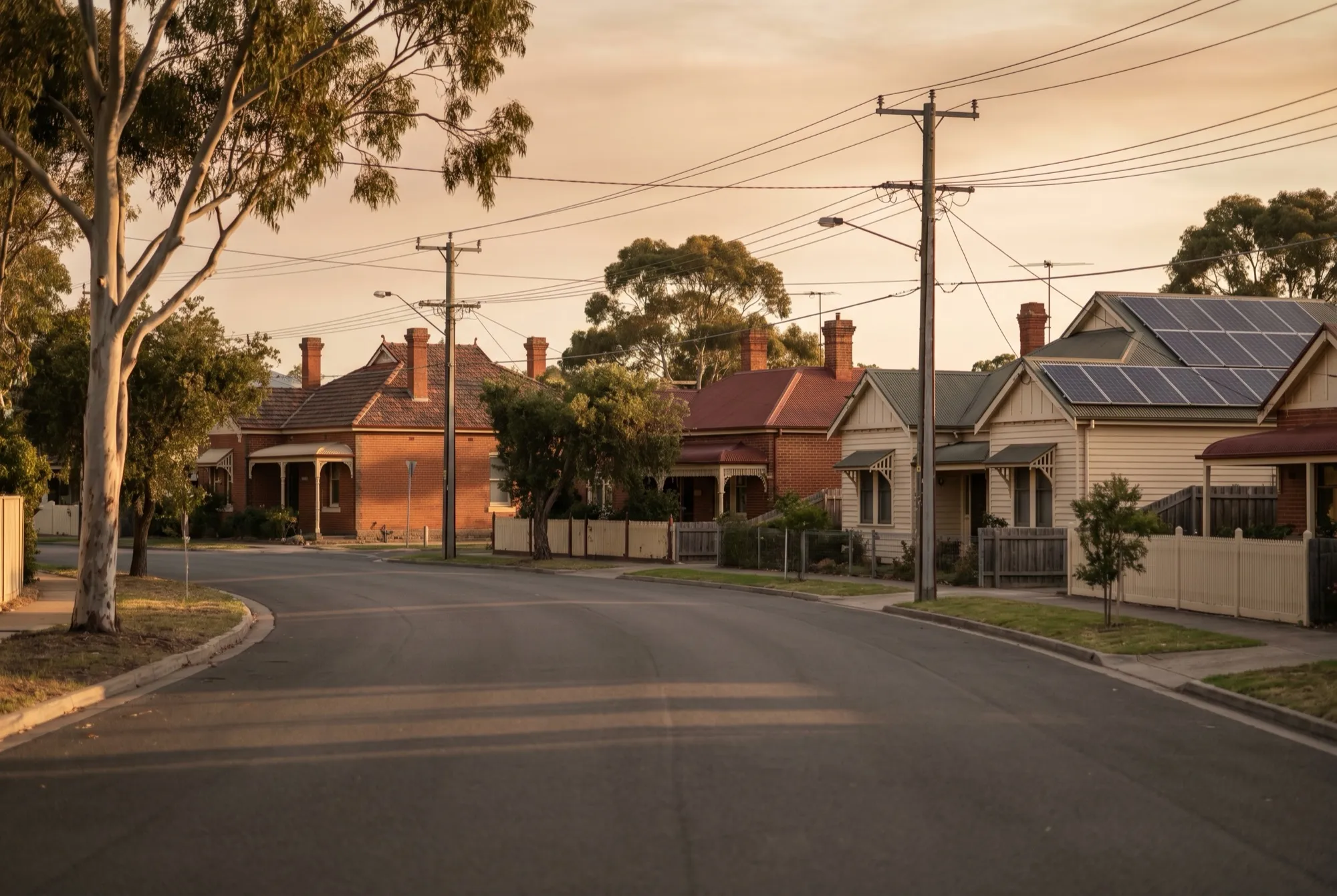 An Australian suburban street at golden hour with rooftop solar and powerlines