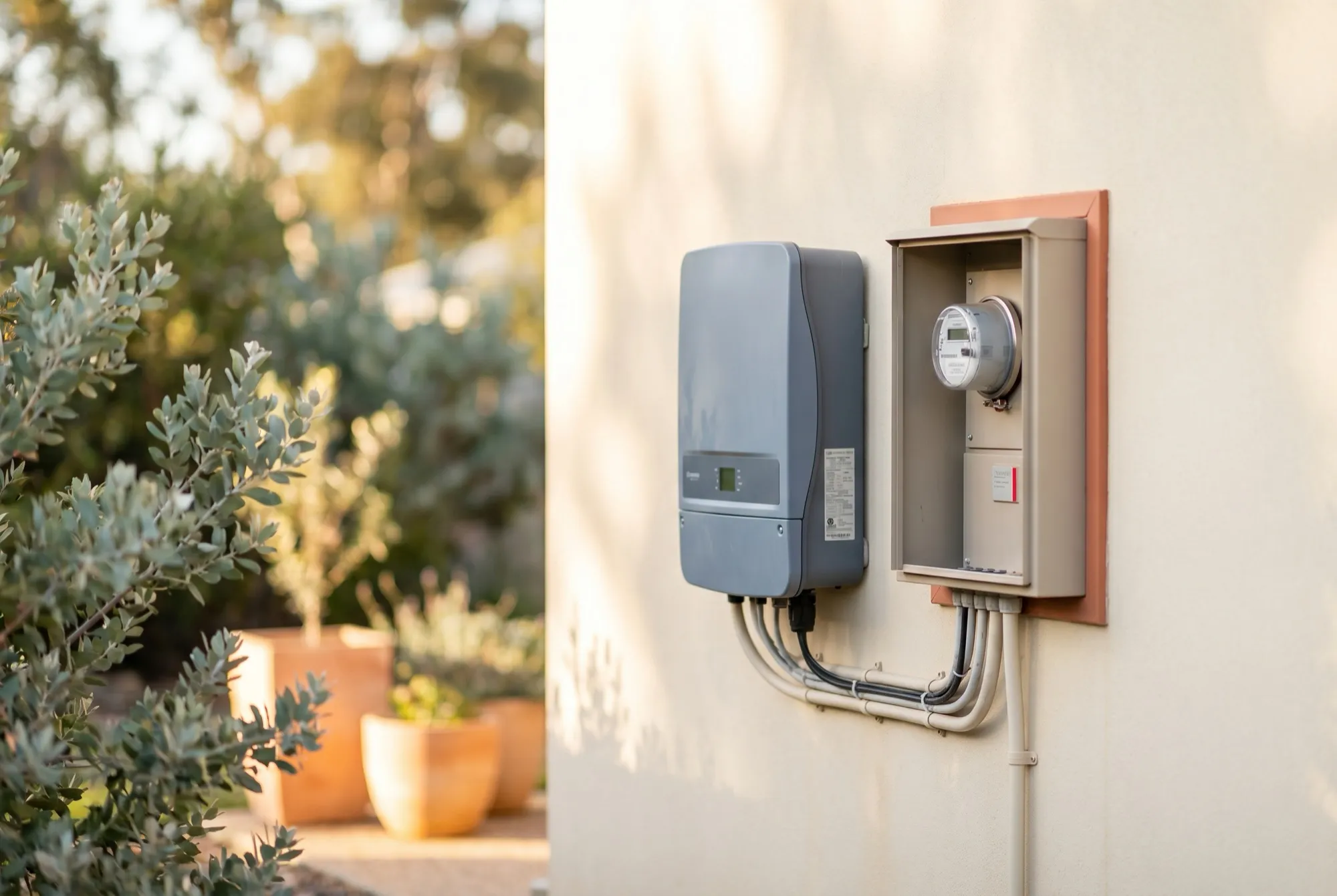 A solar inverter and electricity meter on the exterior wall of an Australian home